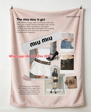 Miu Miu Pink & White Preppy It Girl Collage Printed Flannel Sofa Throw Blanket IMG_0486